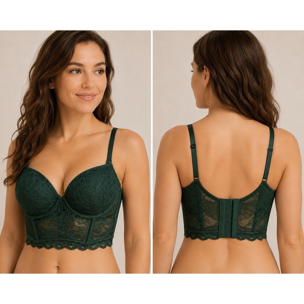 Victoria's Secret Very sexy Longline Bra Green Lace Boned Padded Push Up Bra 34B